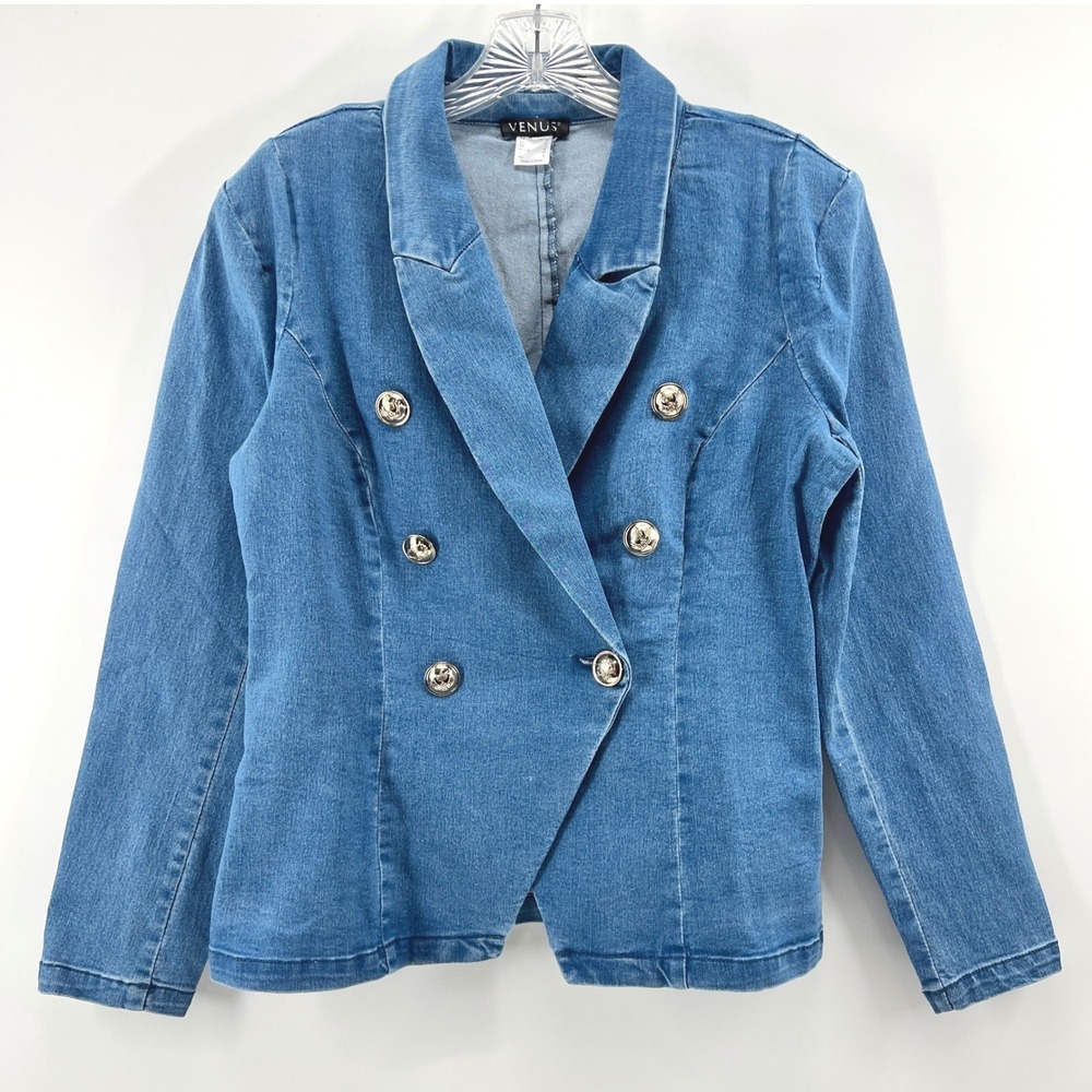 Venus Denim Blazer Womens 8 Blue Double Breasted Cotton Stretch Crest Button
